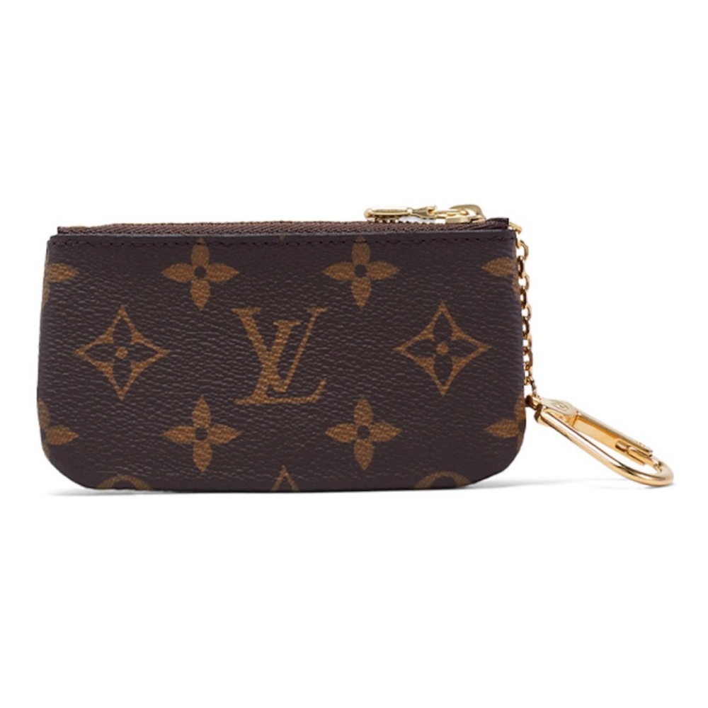 LV key pouch brown canvas gold-tone key fob & zipper - 2.8" high and 4.7" wide